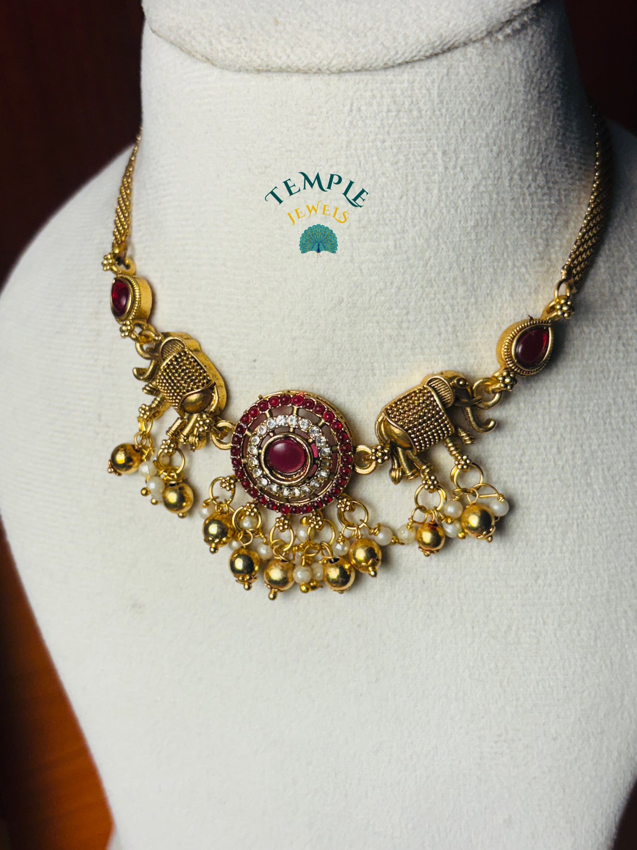 Elephant Motifs with Pearl & Kundan Stone Detailing Necklace- NEC2409024