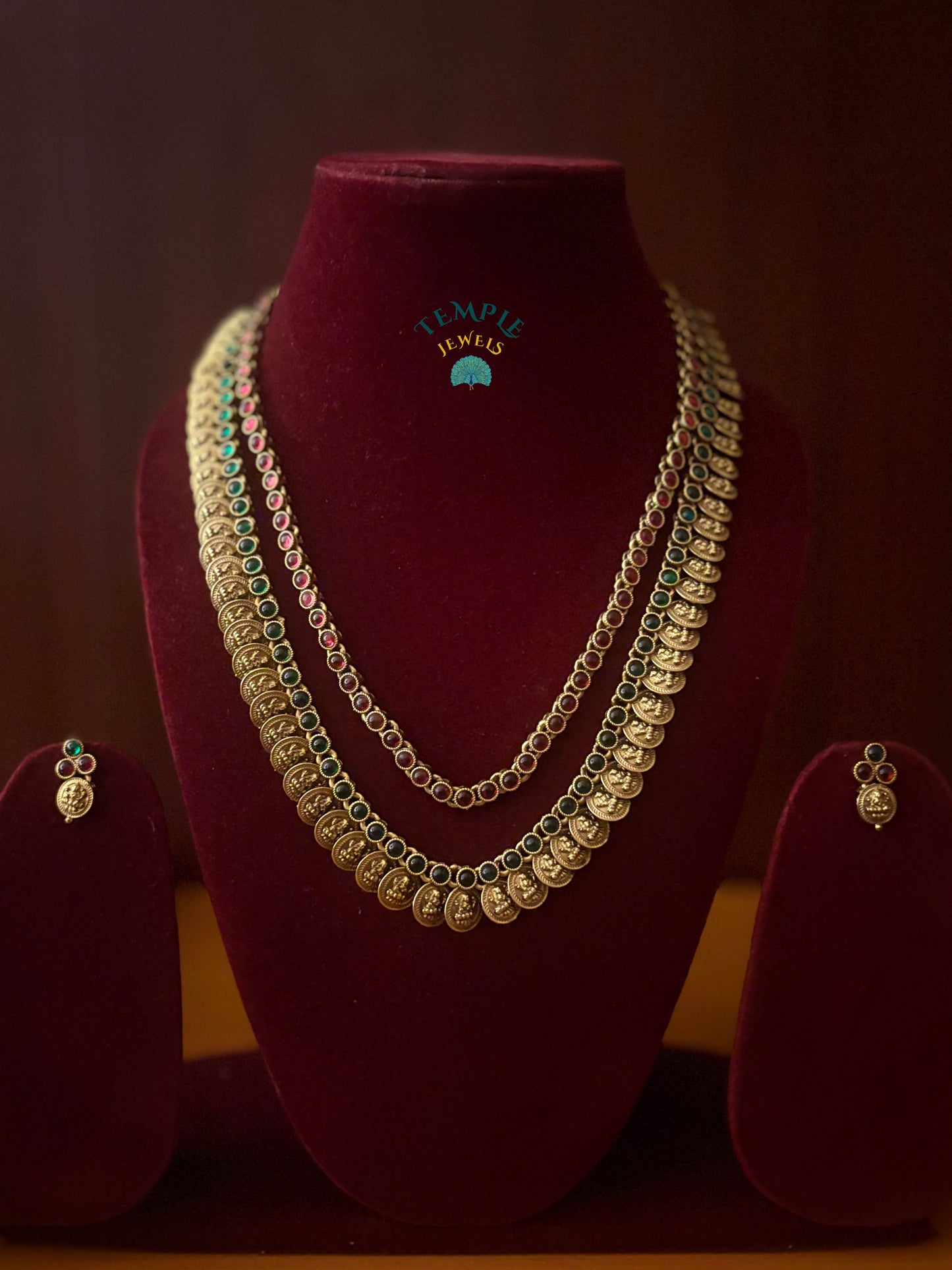 Lakshmi Coin Necklace with Ruby and Green stone - NEC2409017