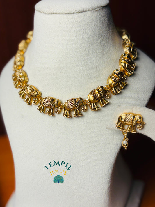 Elephant Motif Antique Gold Finish Choker - NEC2409022