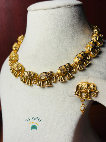 Elephant Motif Antique Gold Finish Choker - NEC2409022