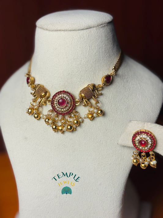 Elephant Motifs with Pearl & Kundan Stone Detailing Necklace- NEC2409024