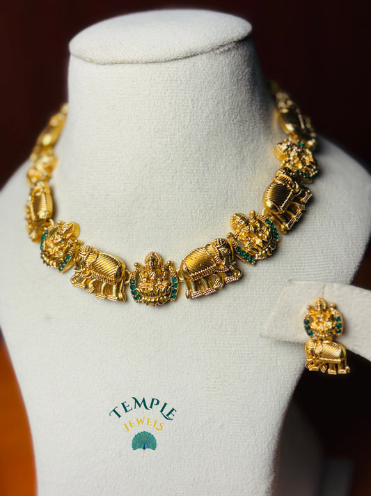 Elephant & Deity Motif Antique Choker with Stones - NEC2409023