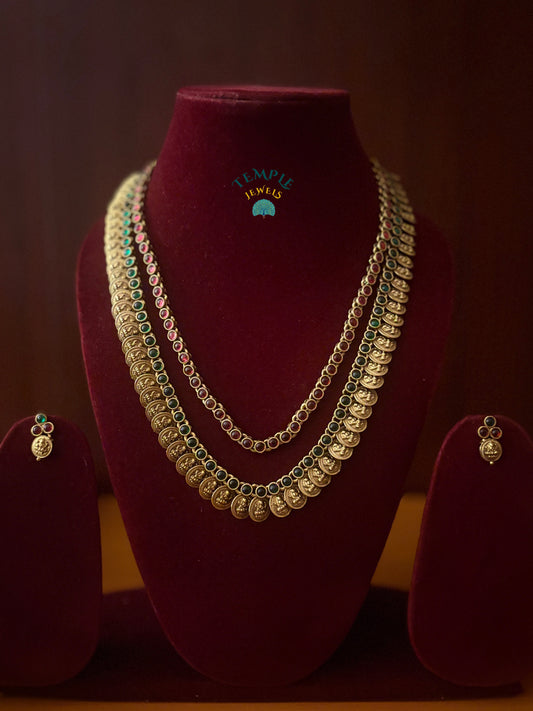 Lakshmi Coin Necklace with Ruby and Green stone - NEC2409017